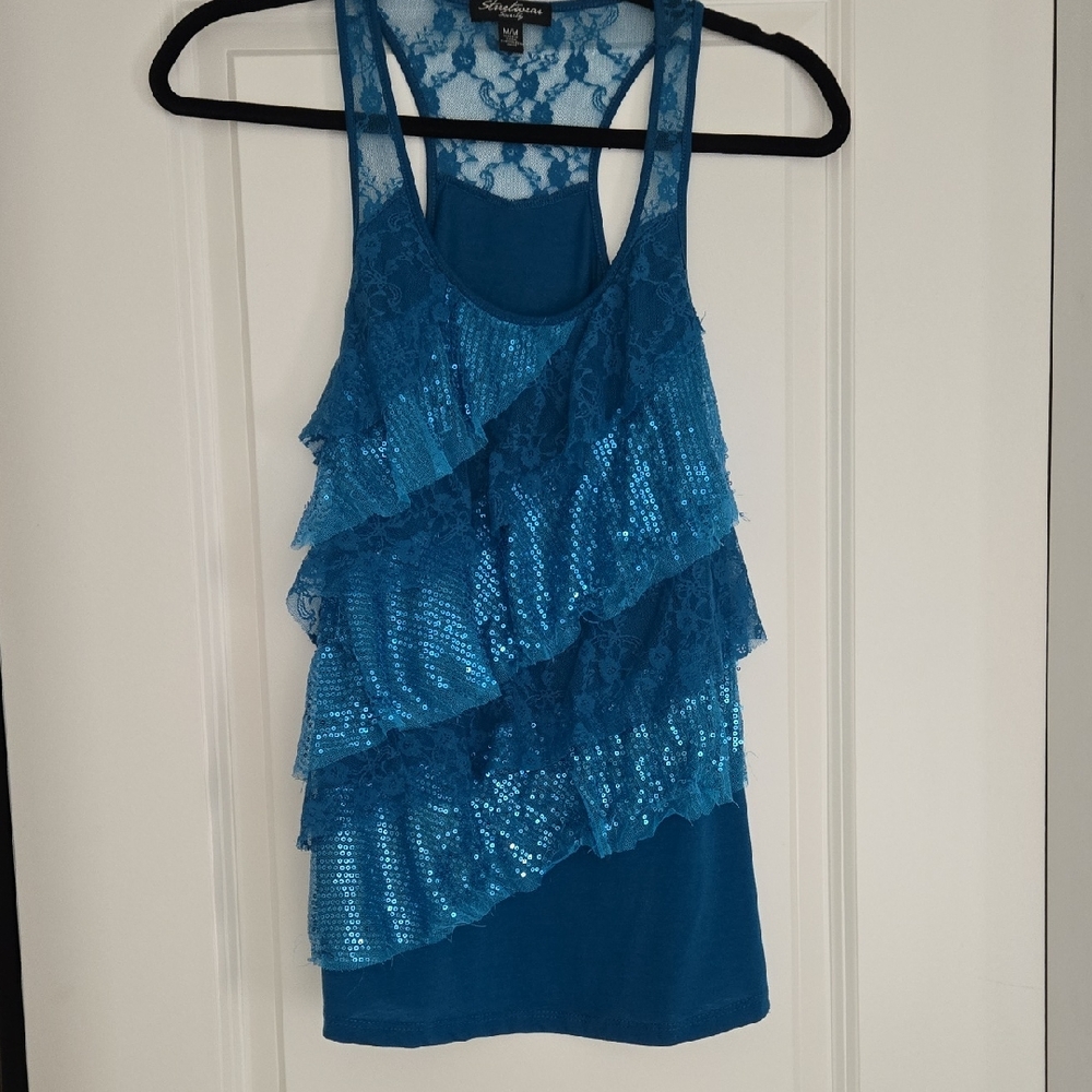 Streetwear Society Blue Ruffled Sequin Tank Top